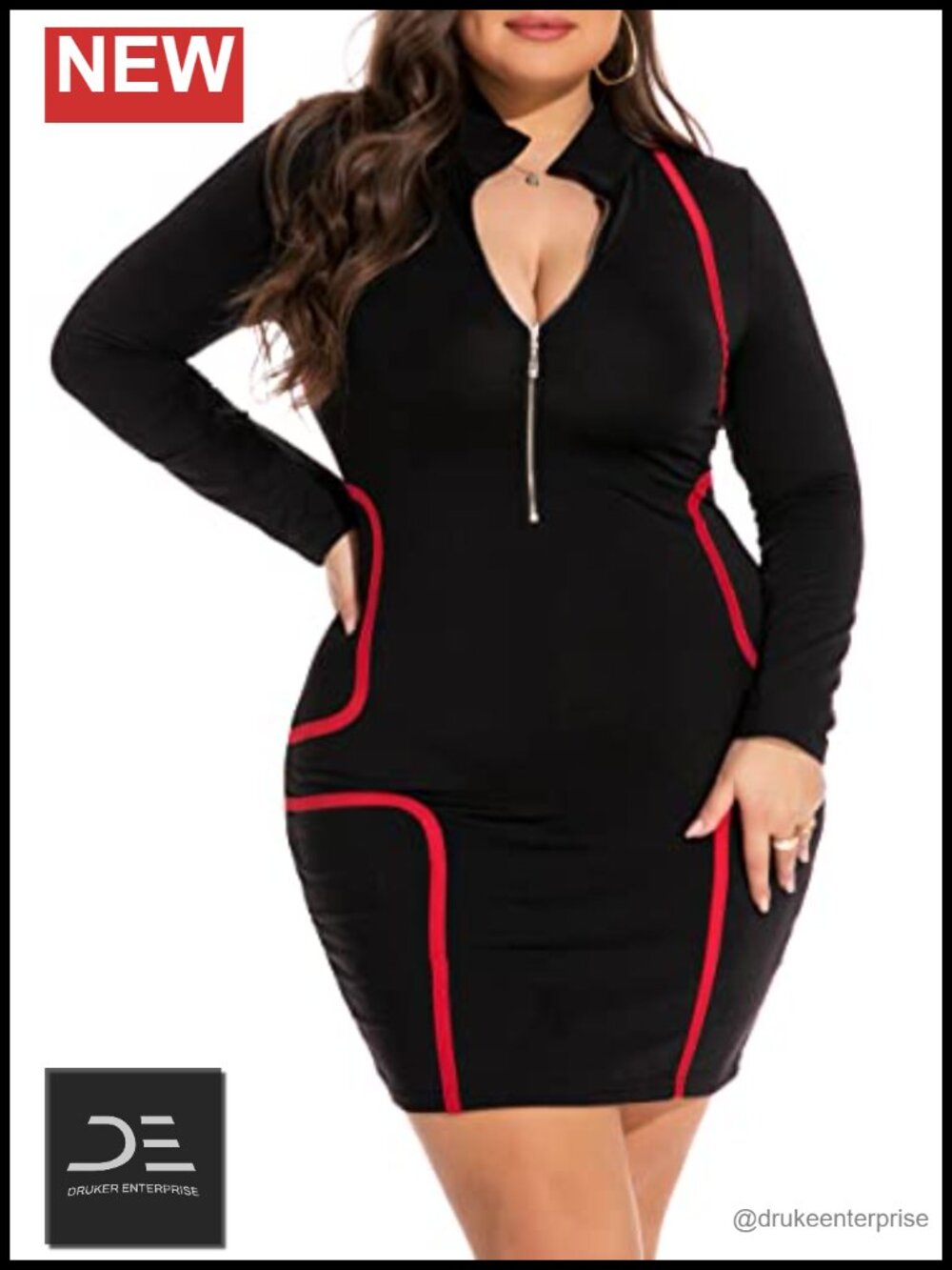 Women's Plus Size Bodycon Mini Dress Deep V Neck Long Sleeve Front Zip Club